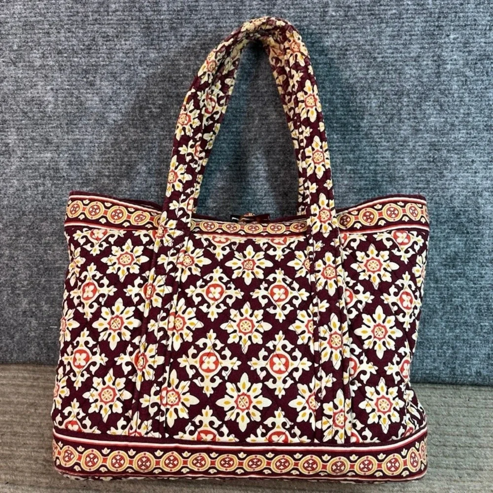 Vera Bradley Symphony in Red Quilted Cotton Tote Bag Burgundy Medallion USA Made